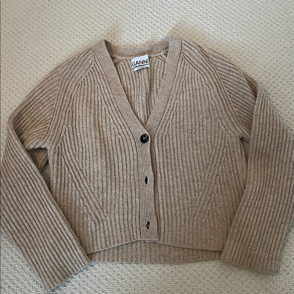 Ganni Beige Ribbed Cardigan